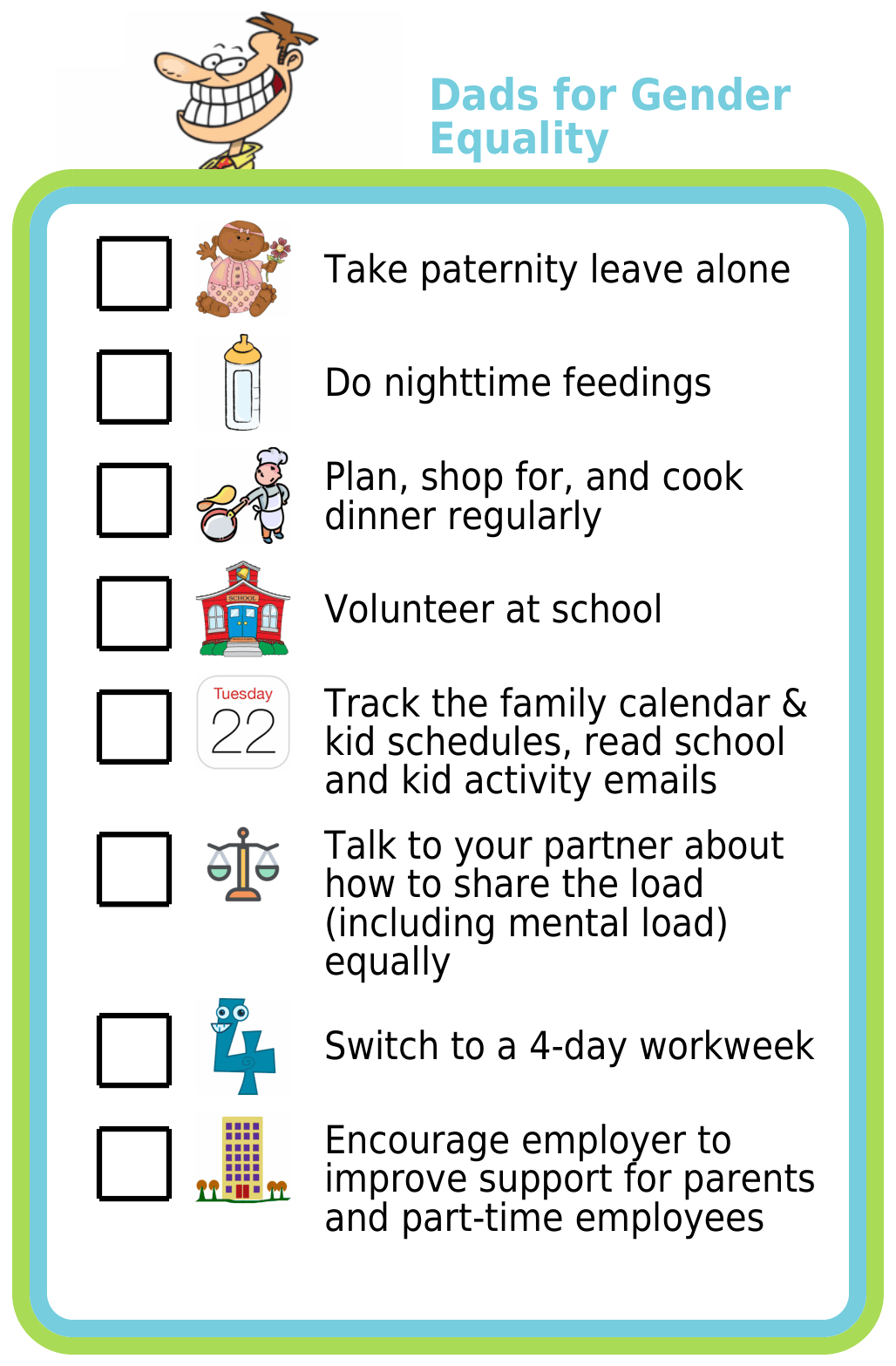 Picture checklist with ideas for ways dads can promote gender equality