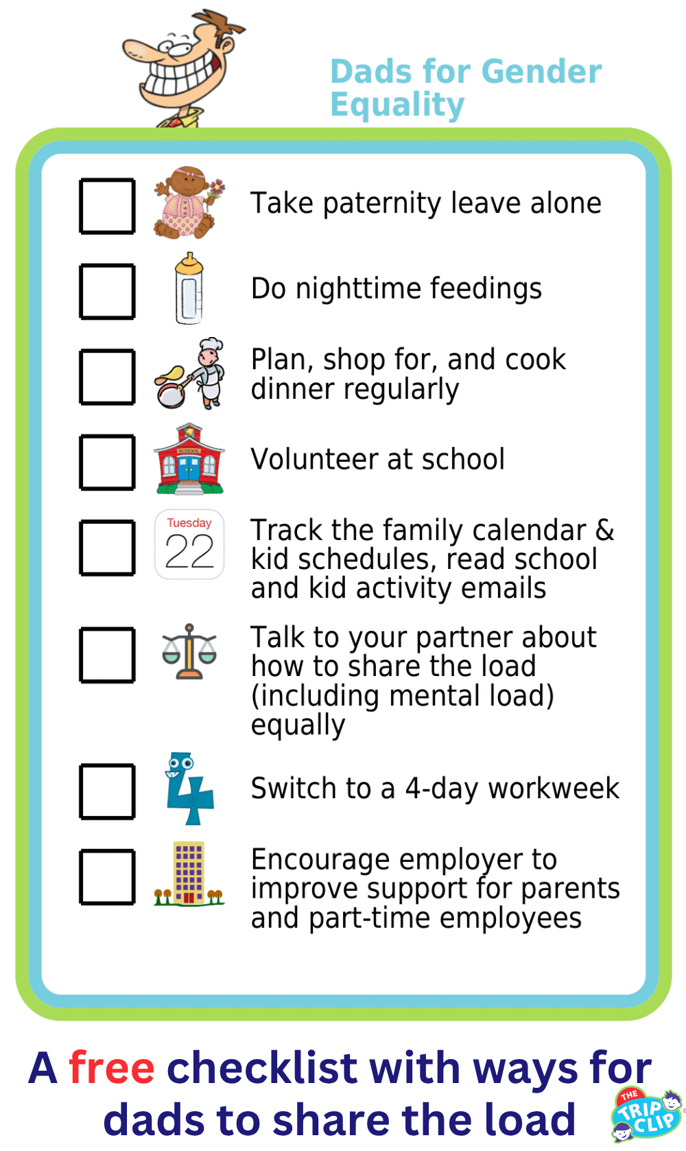 Picture checklist with ideas for ways dads can promote gender equality