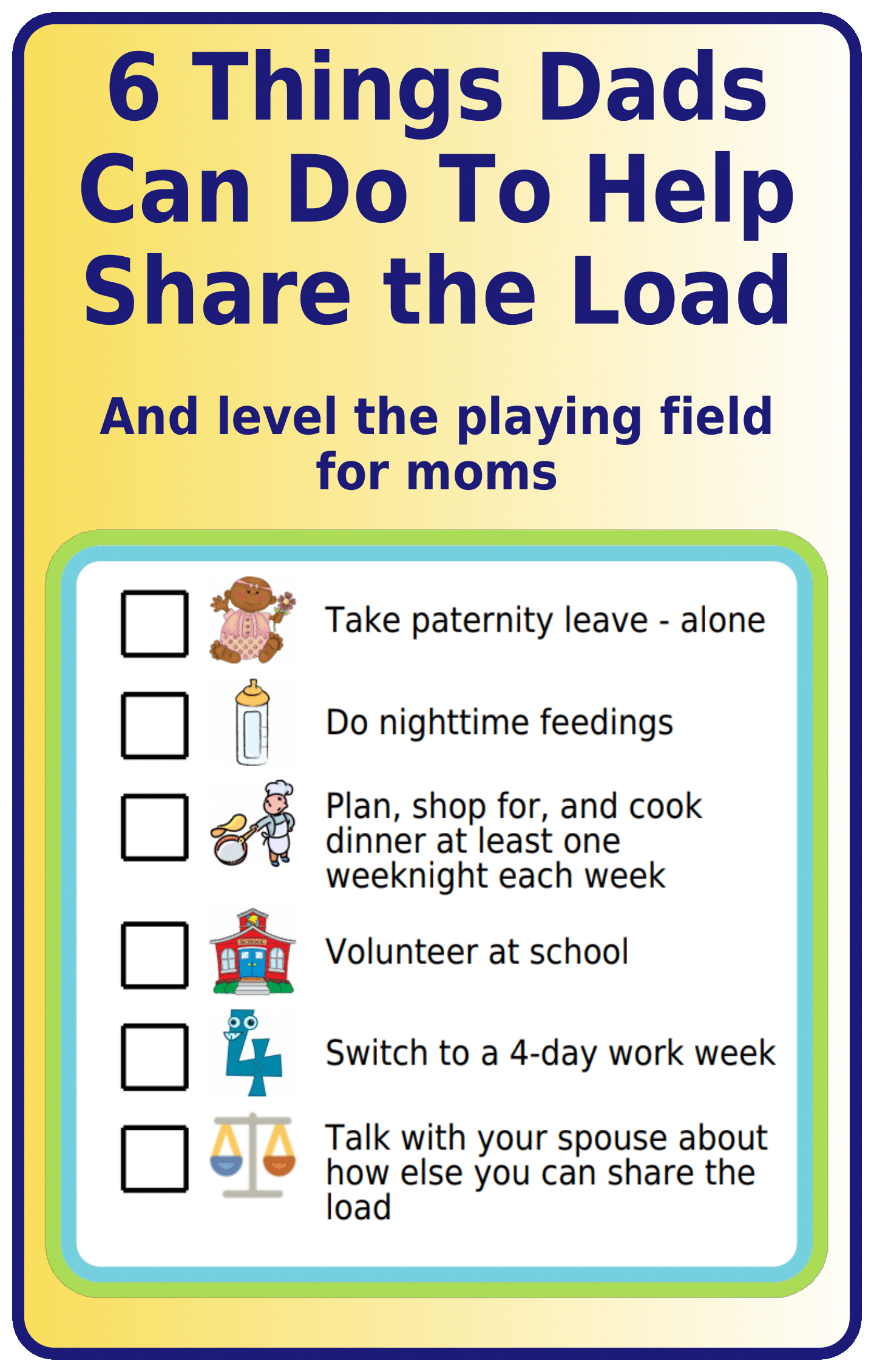 Picture checklists showing 6 things dads can do to share the load with their partners