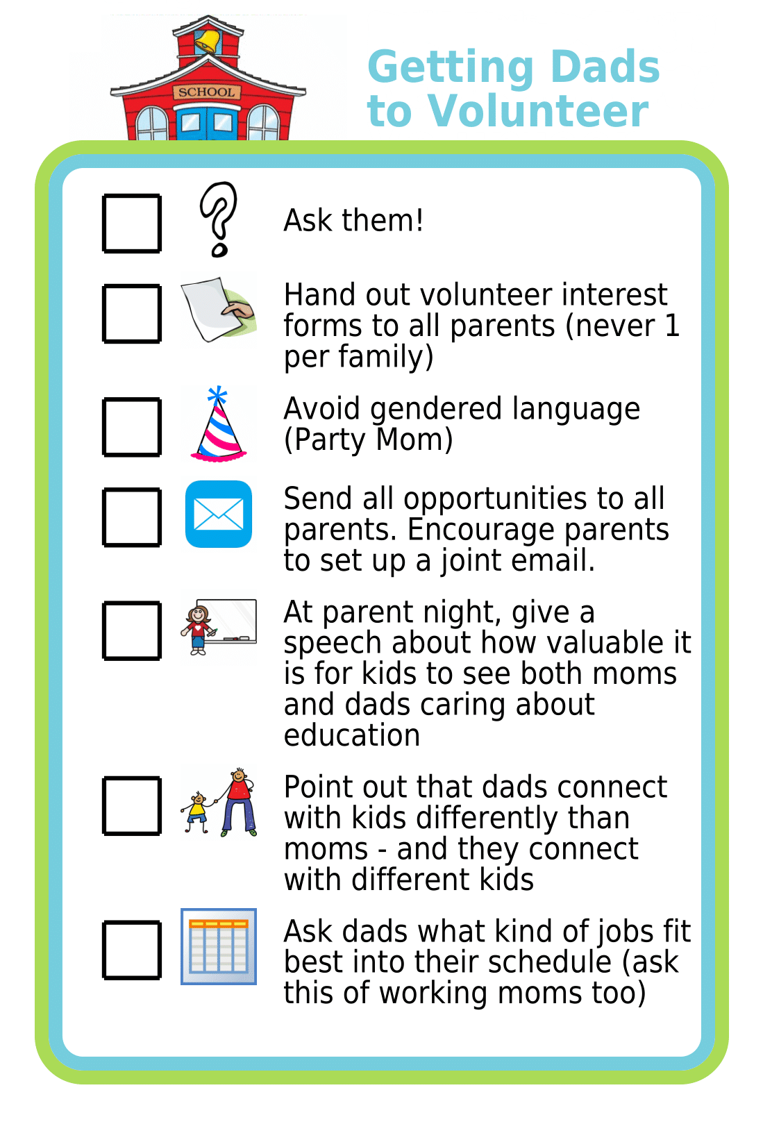 Picture checklist with ideas for how to encourage dads to volunteer in school