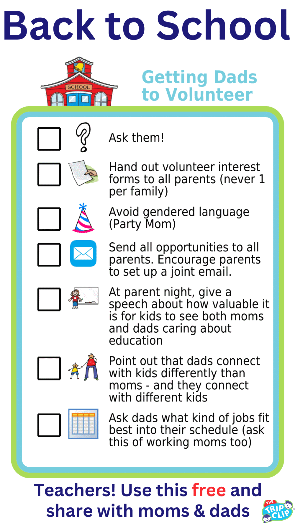 Picture checklist with ideas for how to encourage dads to volunteer in school