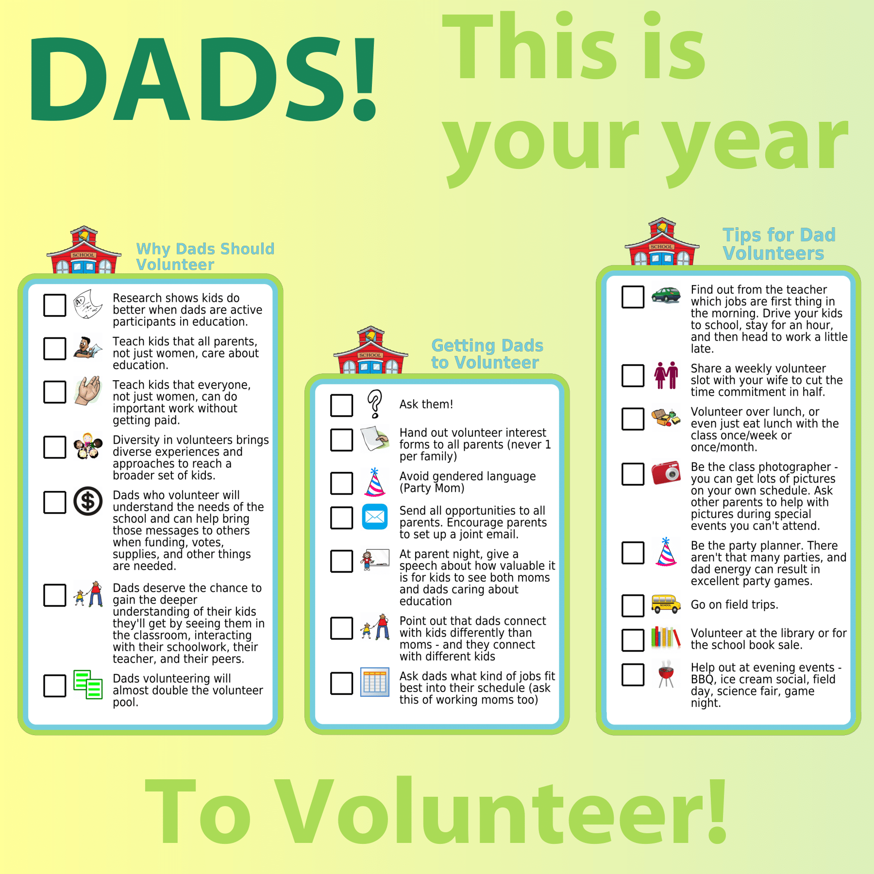 3 picture checklists: why dads should volunteer, getting them to volunteer, and tips for dad volunteers