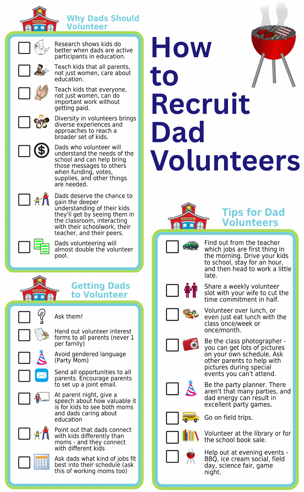 3 picture checklists: why dads should volunteer, getting them to volunteer, and tips for dad volunteers