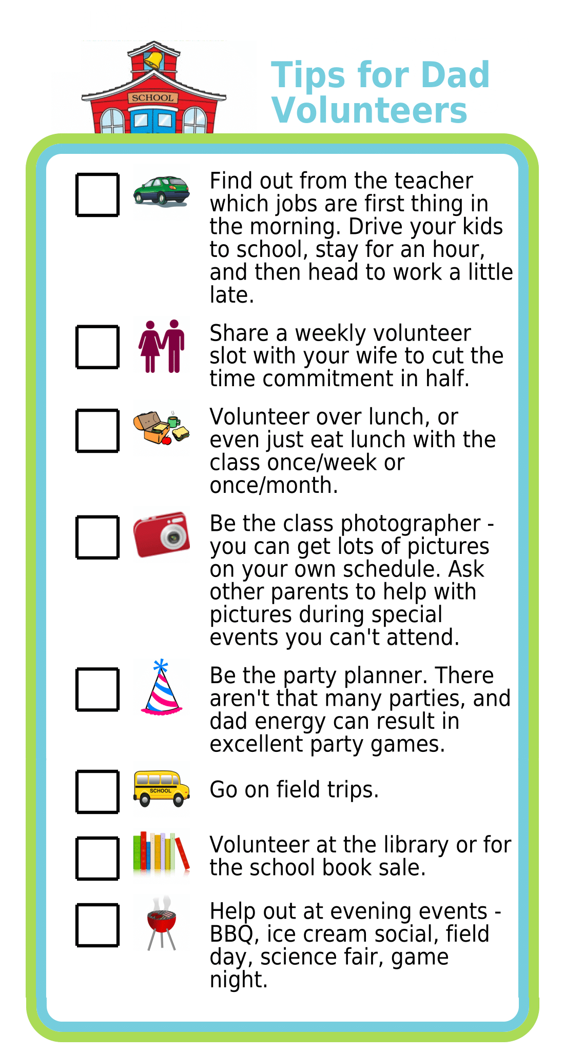 Picture checklist with ideas for school volunteer jobs for dads and working moms