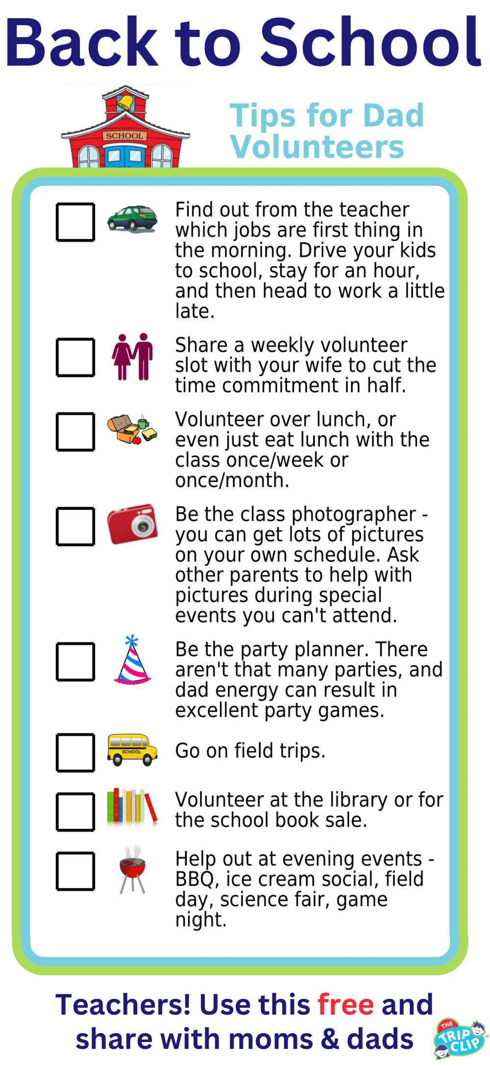 Picture checklist with ideas for school volunteer jobs for dads and working moms