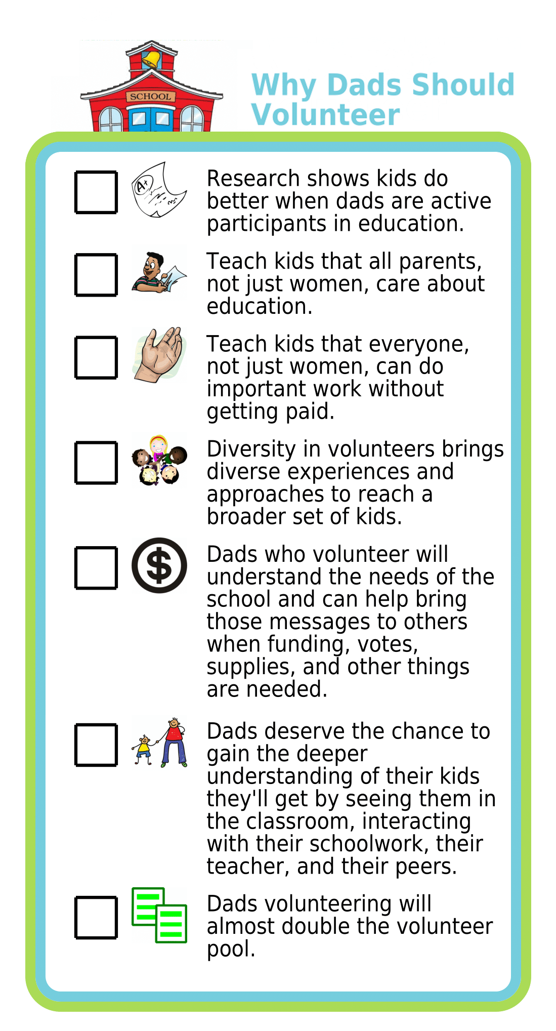 Picture checklist outlining reasons dads should volunteer in school