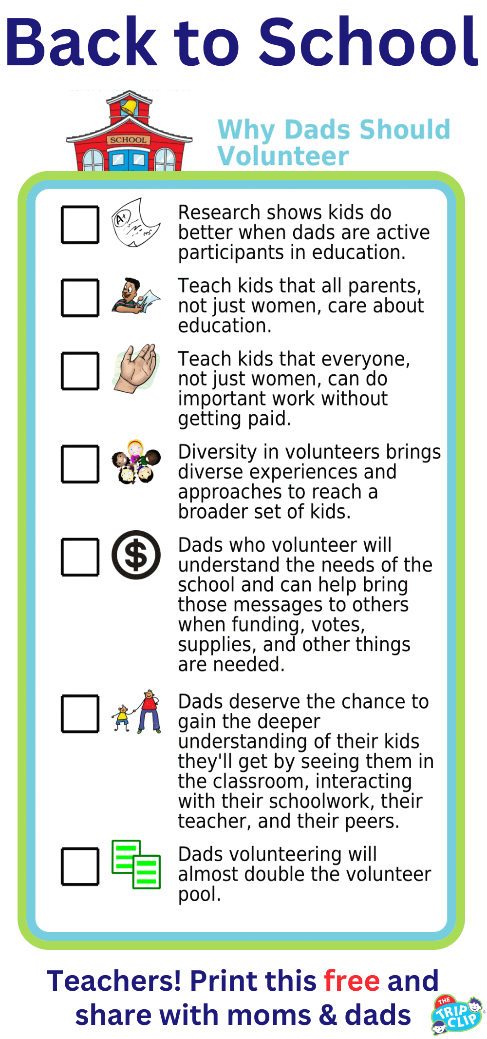 Picture checklist outlining reasons dads should volunteer in school