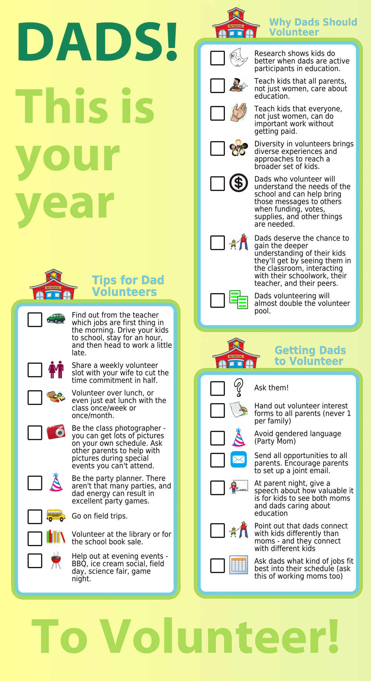 3 picture checklists: why dads should volunteer, getting them to volunteer, and tips for dad volunteers