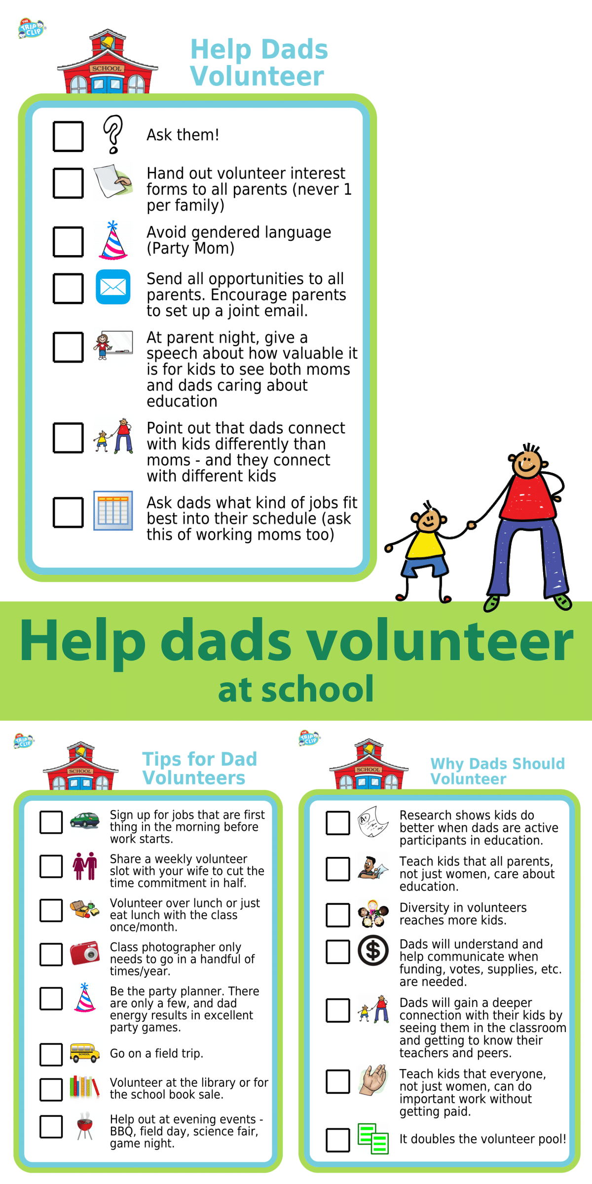 3 picture checklists: why dads should volunteer, getting them to volunteer, and tips for dad volunteers