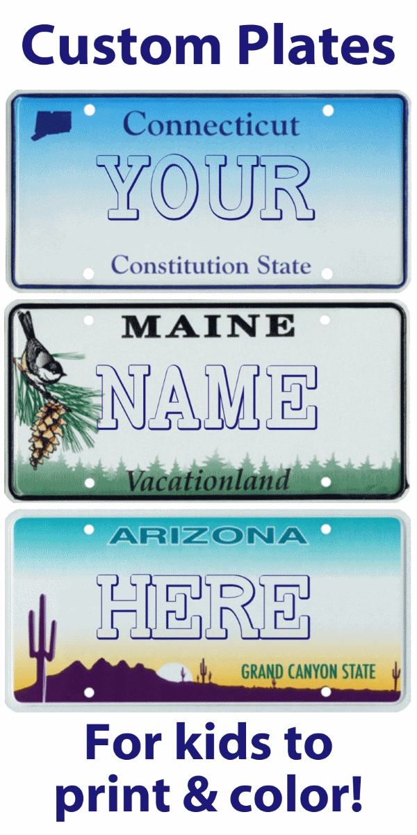 License plate backgrounds with child’s name on it for coloring