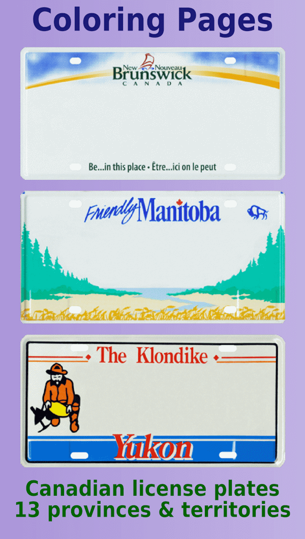 3 blank license plates for New Brunswick, Manitoba, and the Yukon