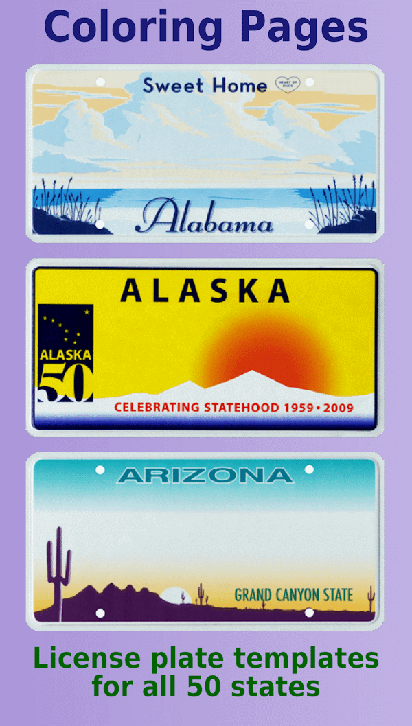 3 blank license plates for Alabama, Alaska, and Arizona