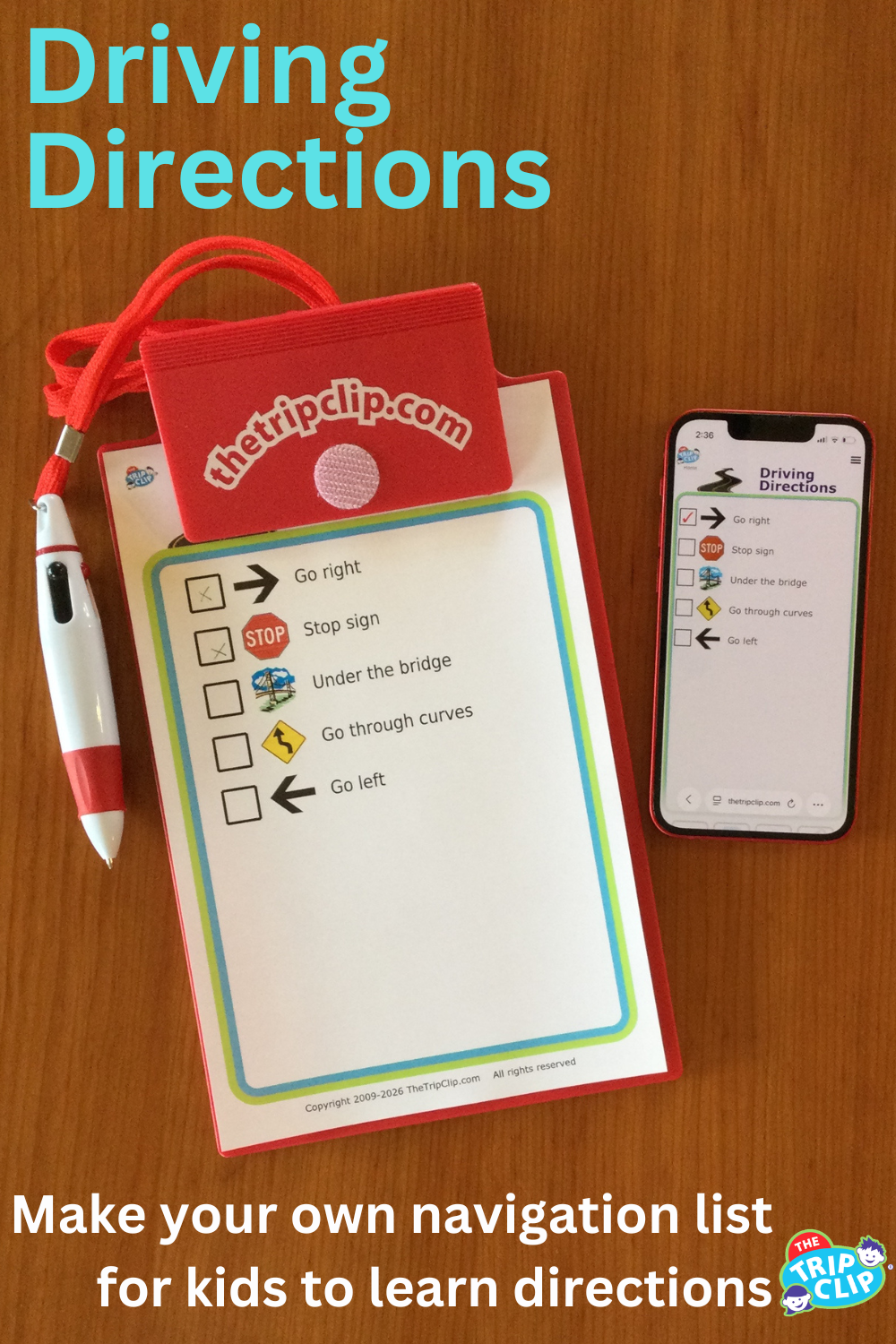 Picture checklist of driving directions for kids, shown on clipboard and iPhone