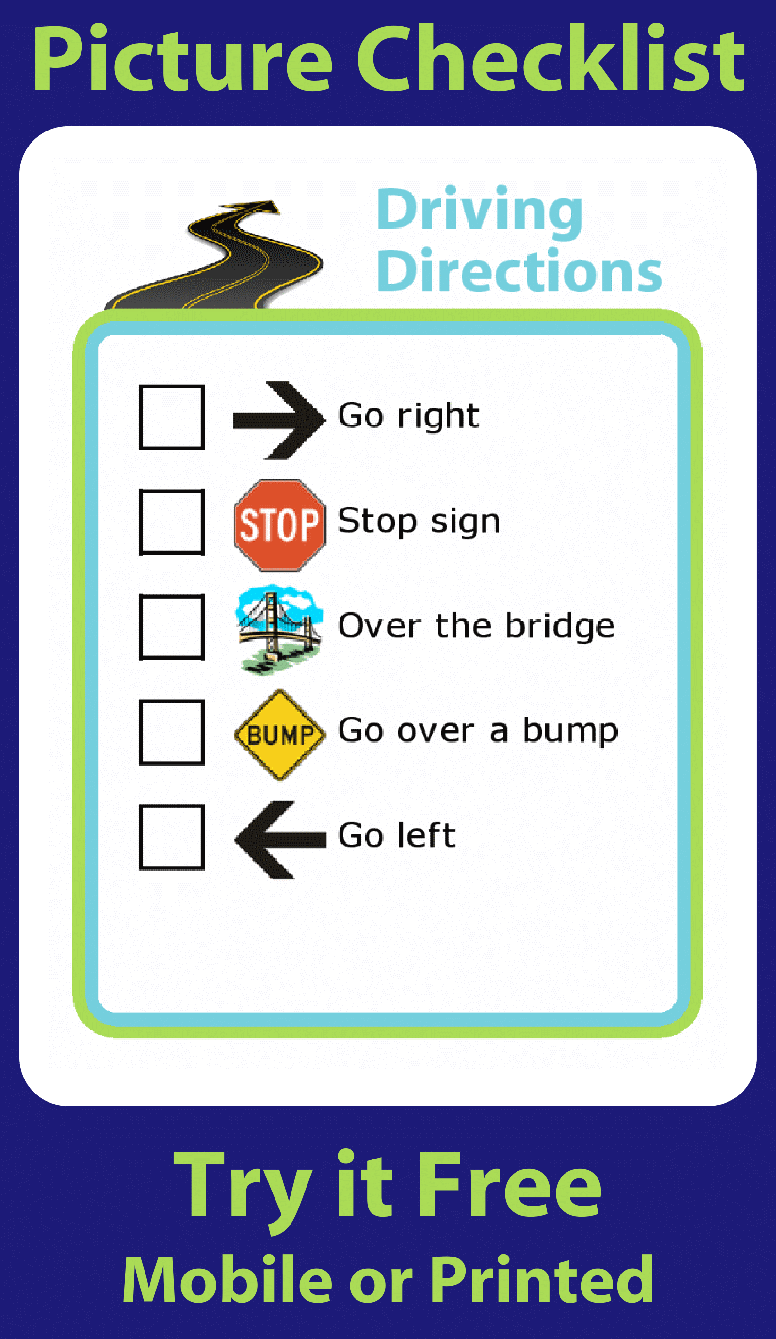 Picture checklist of driving directions for kids