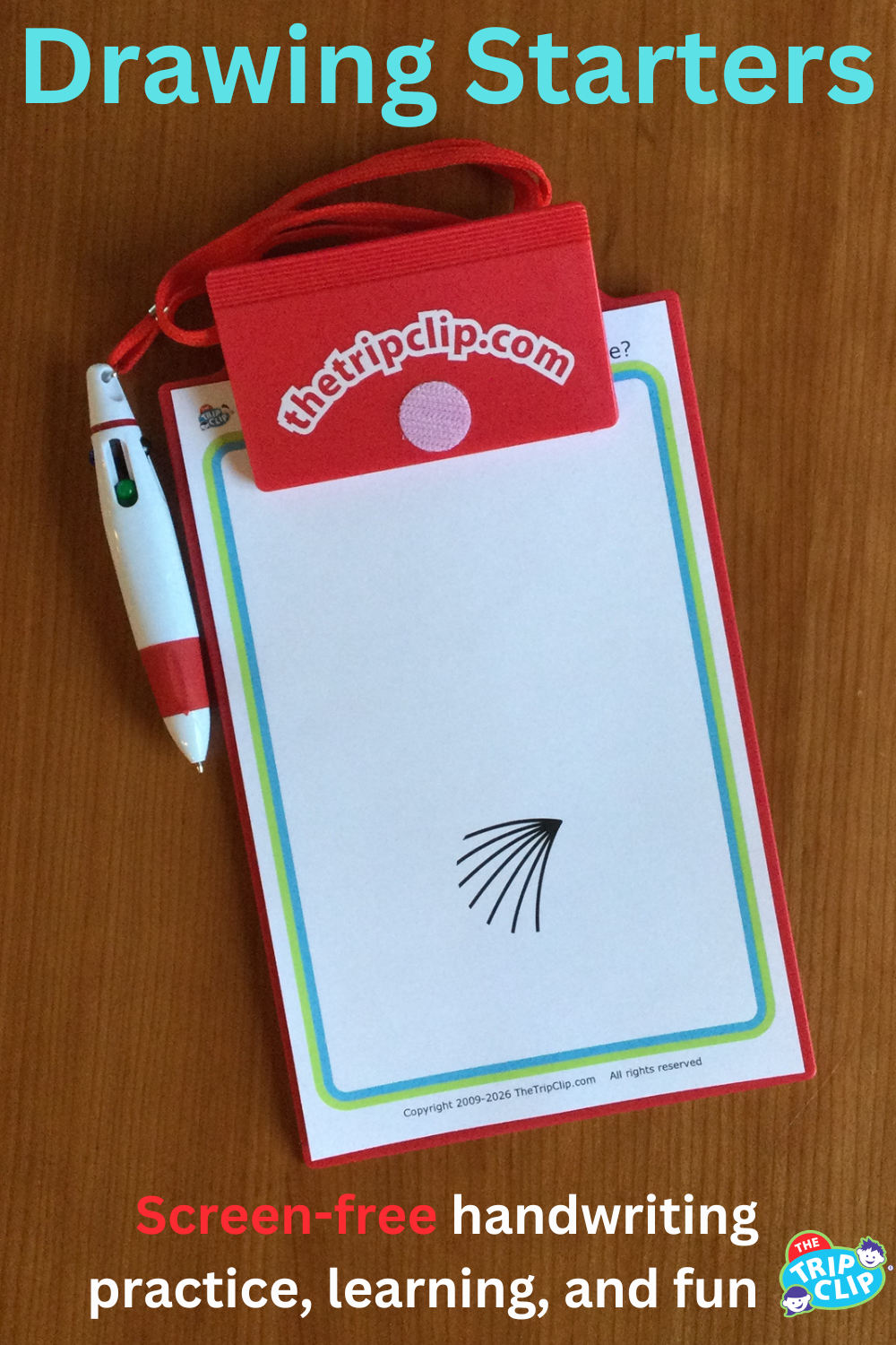 Printable drawing starters for kids, shown on clipboard