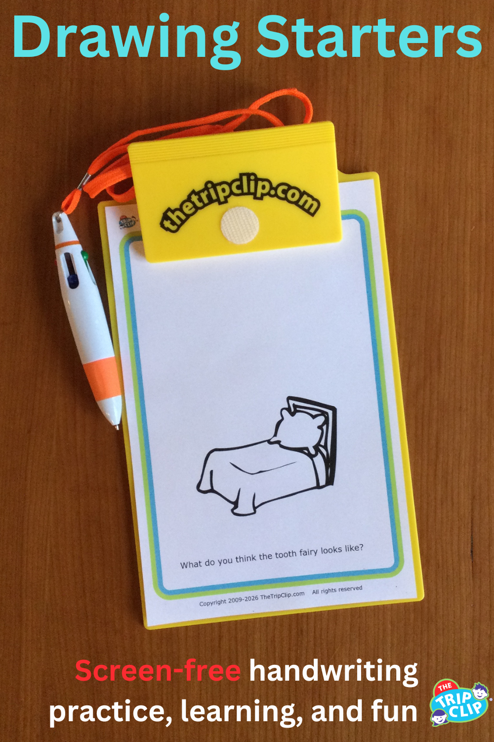 A picture of a bed with space above it so kids can draw the tooth fairy, shown on clipboard