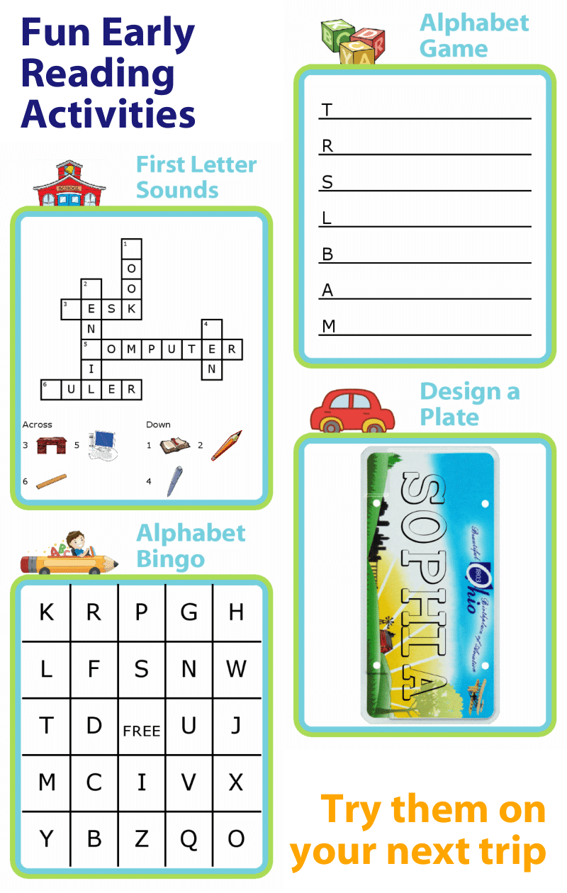 Fun early reading activities: crossword puzzle, alphabet bingo, design a license plate