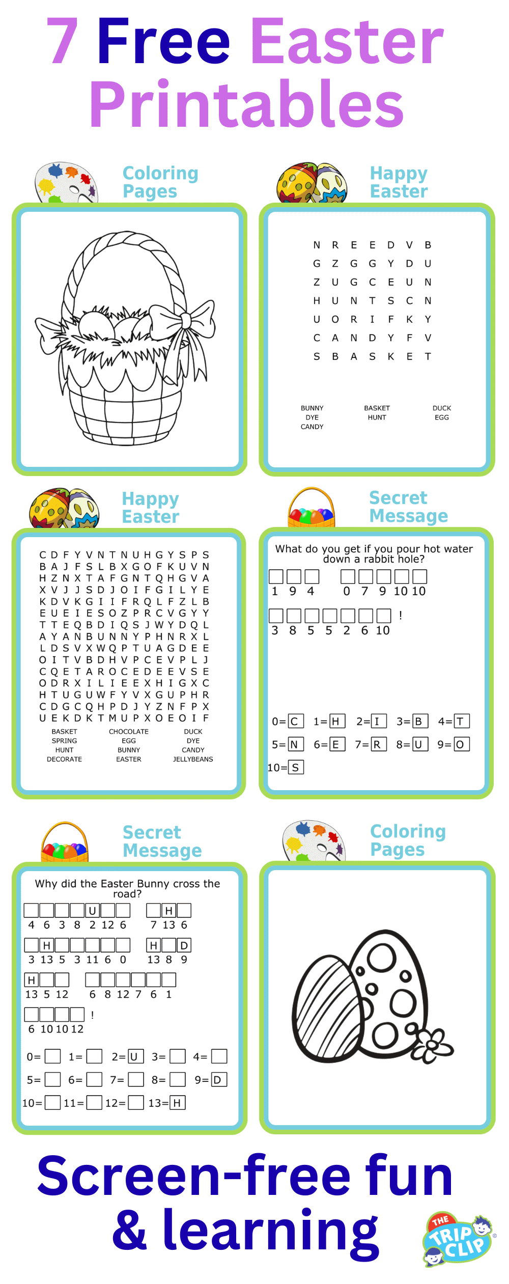 Easter activities including coloring, word search, and secret message puzzles