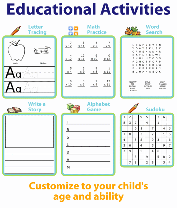 Printable learning activities like letter tracing, math, crosswords and cryptograms you can customize and print.