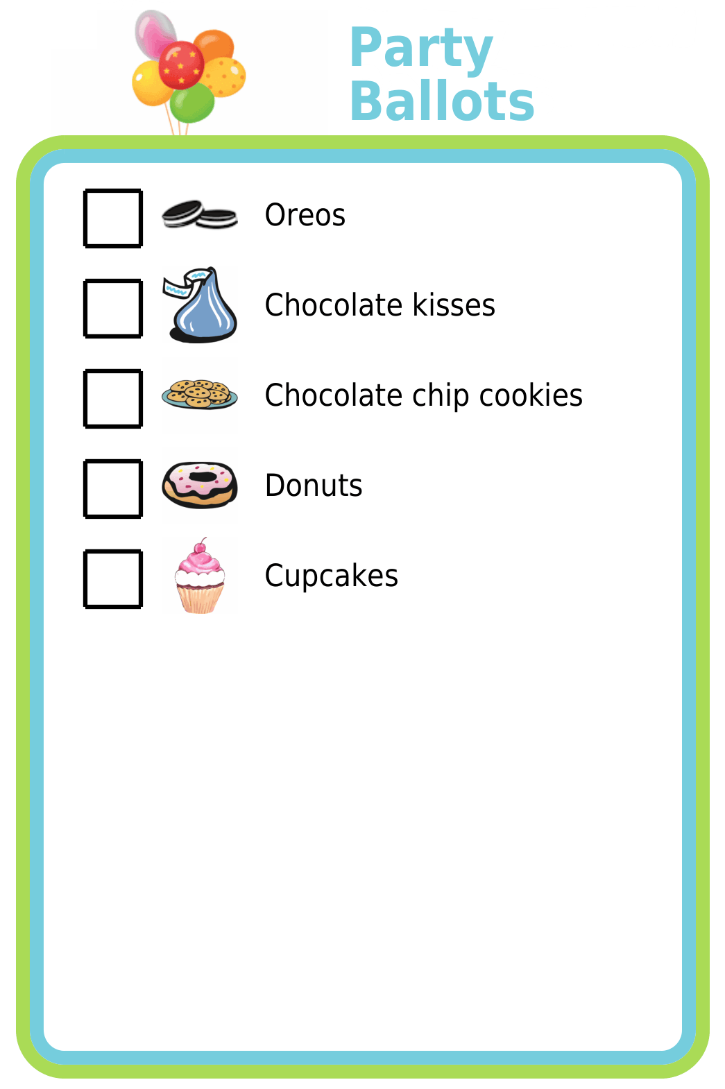 A kid ballot showing oreos, chocolate kisses, chocolate chip cookies, donuts, and cupcakes