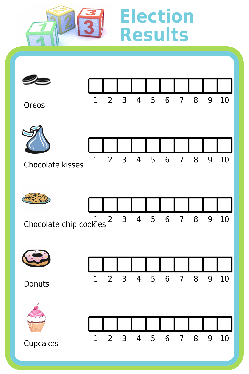 A kid ballot counting activity showing oreos, chocolate kisses, chocolate chip cookies, donuts, and cupcakes