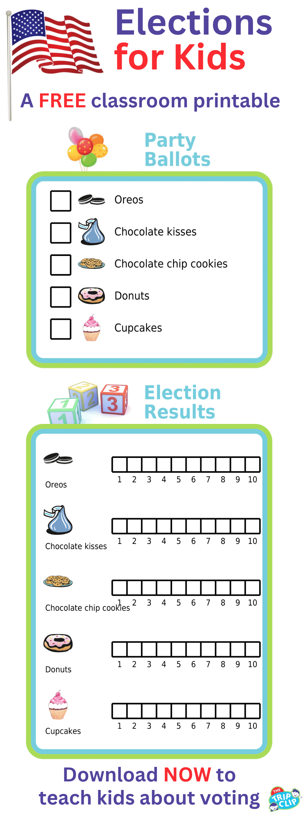 A kid ballot showing oreos, chocolate kisses, chocolate chip cookies, donuts, and cupcakes
