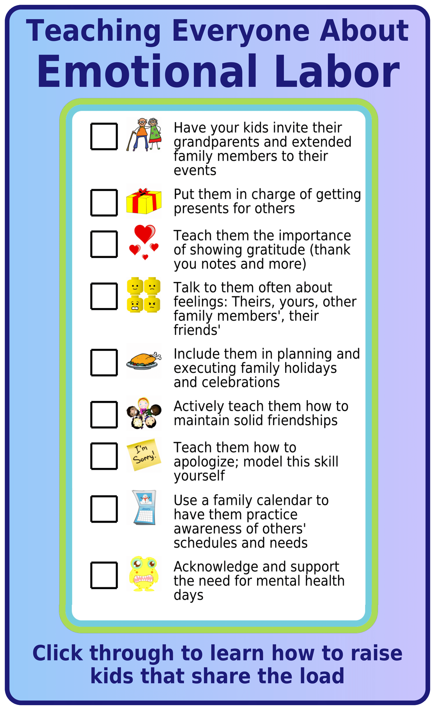 Picture checklist for how to teach kids about emotional labor
