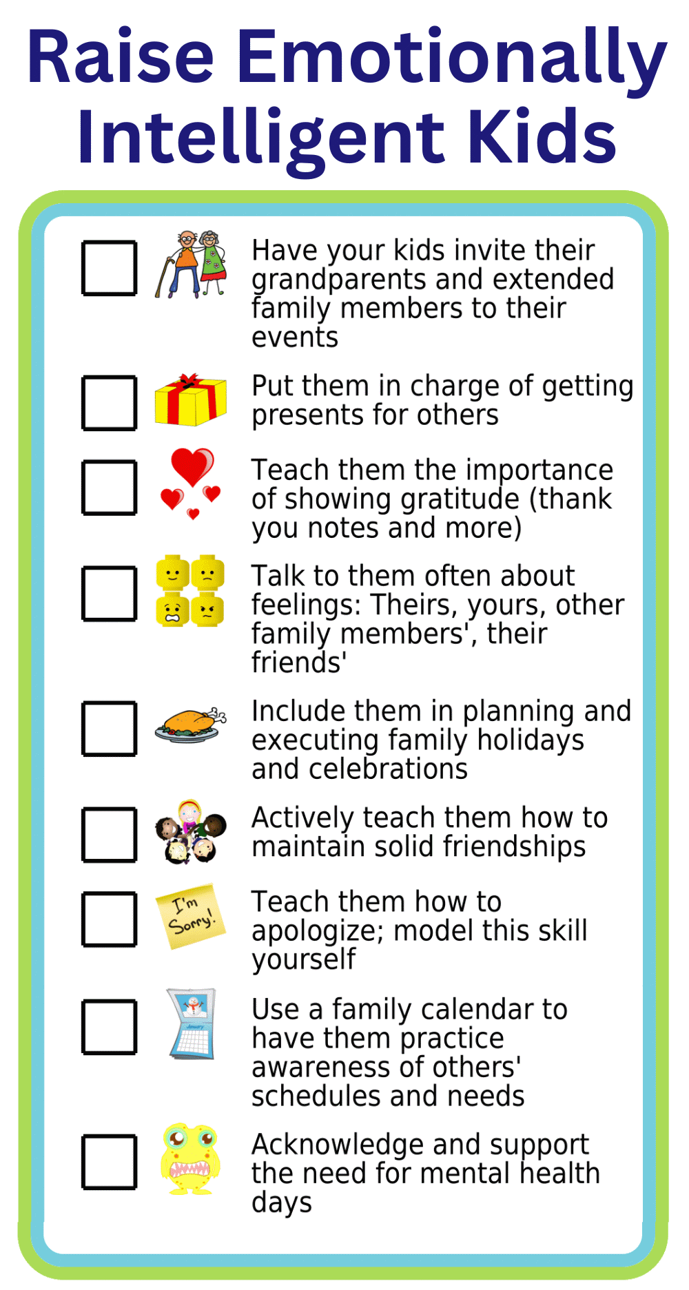 Picture checklist for how to teach kids about emotional labor