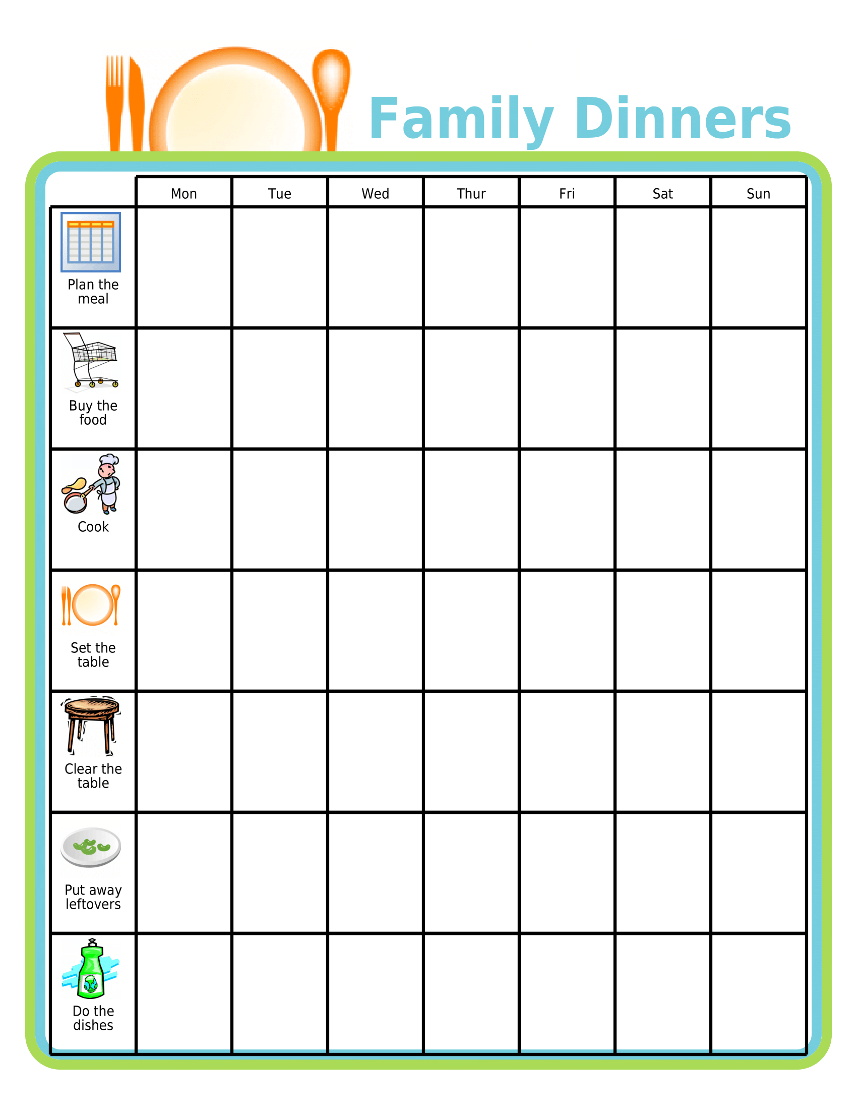 Visual Mon-Fri chart to track all the work for making family dinners.