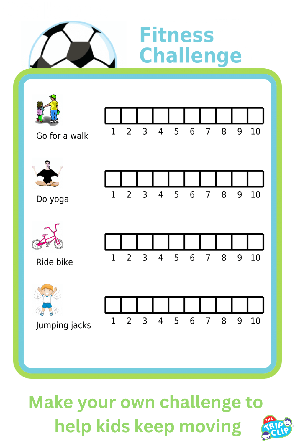 Fitness challenge printable lets you fill in a box each time you do a particular activity