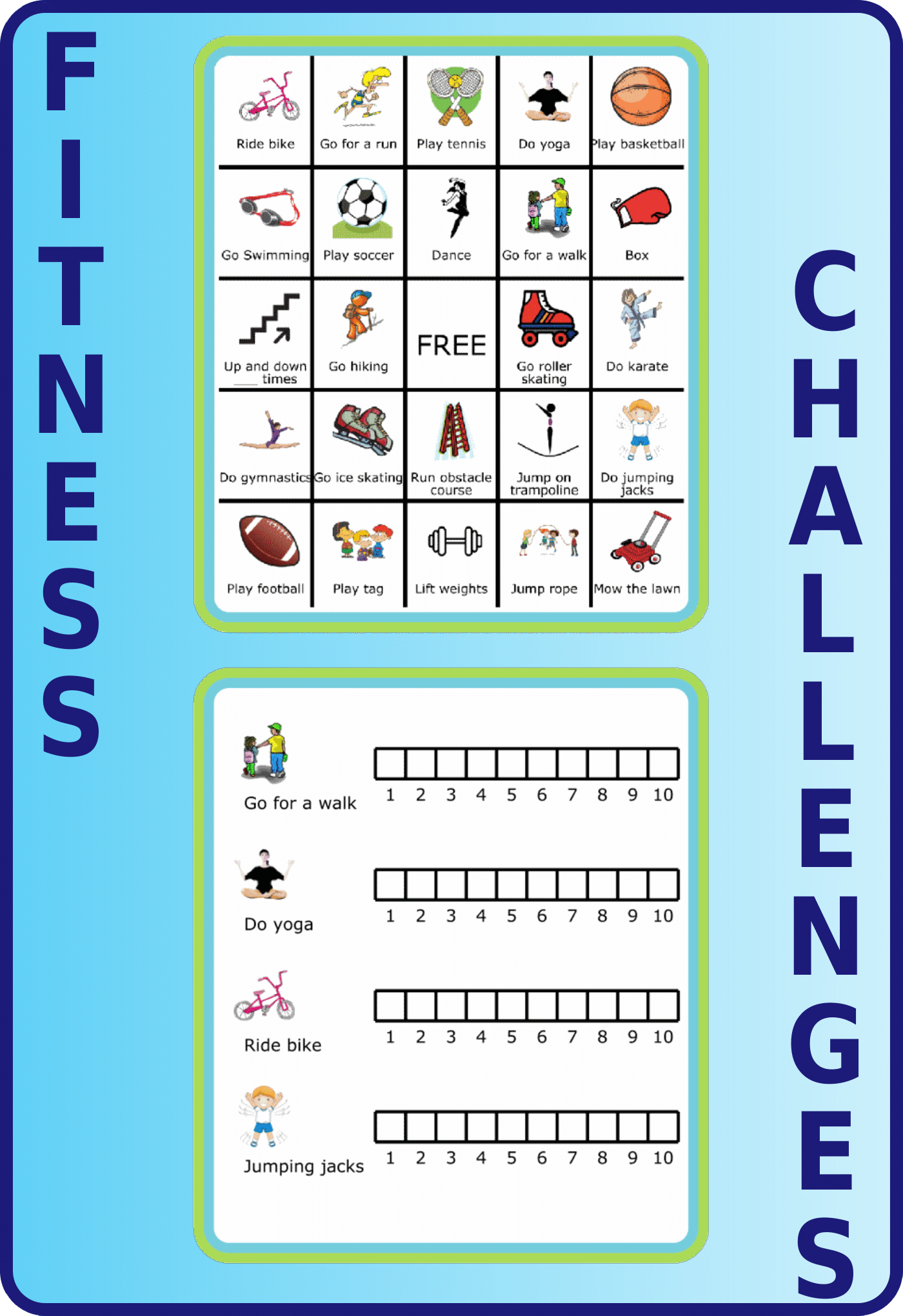 Fitness BINGO board with activity ideas, and Fitness challenge tracking sheet