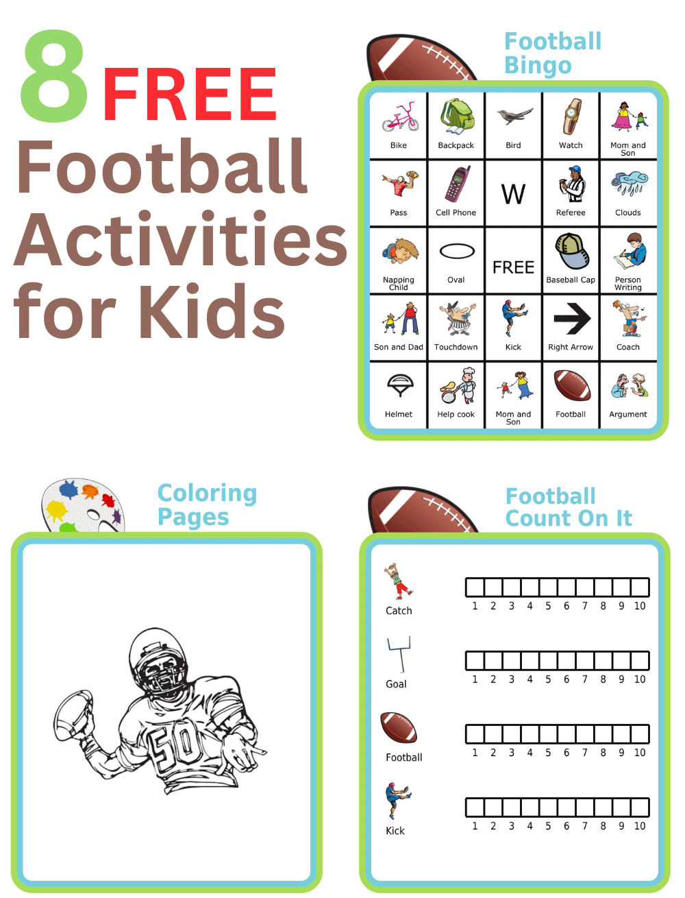 Printed football activities: bingo, coloring, count on it