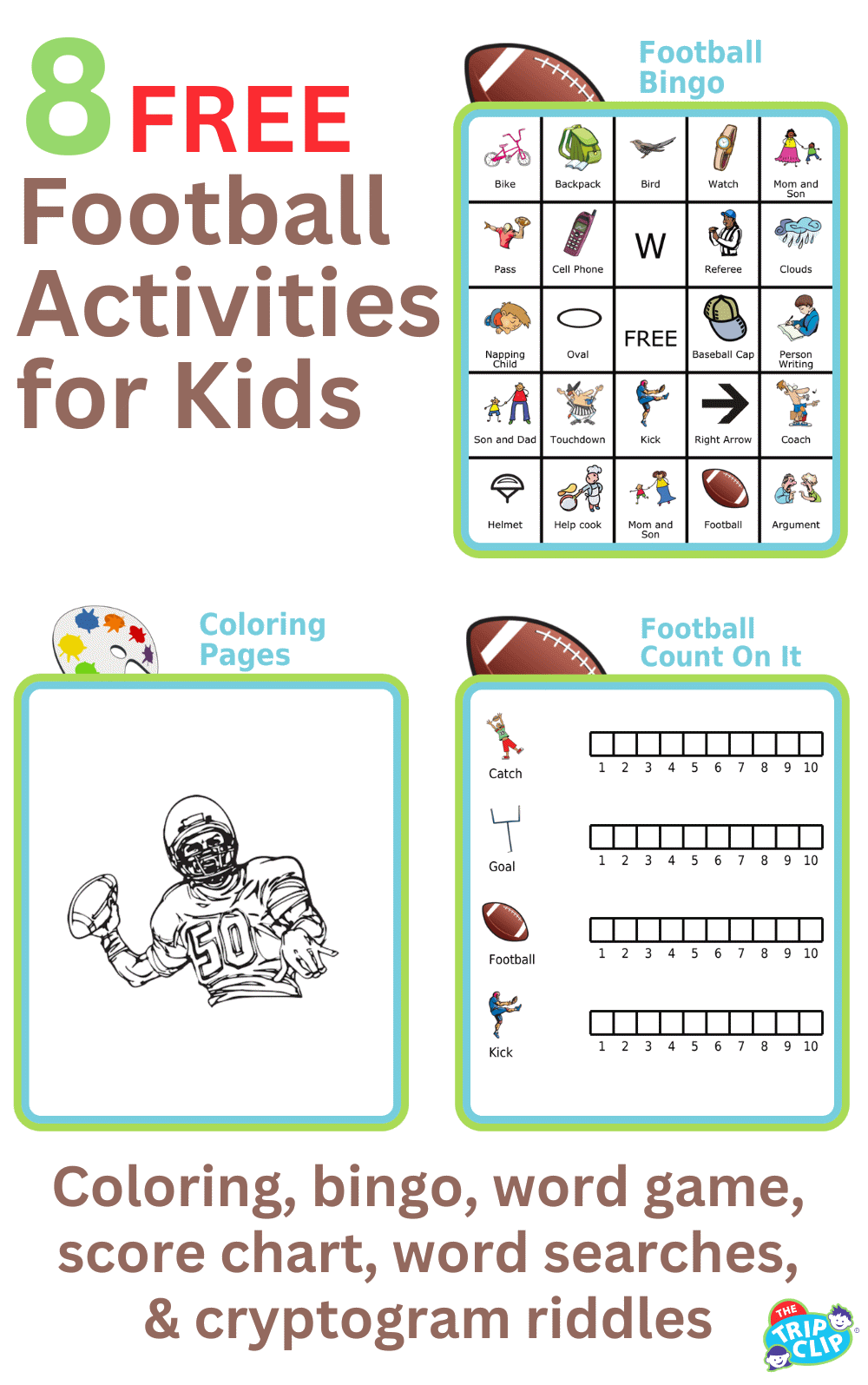 Printed football activities: bingo, coloring, count on it
