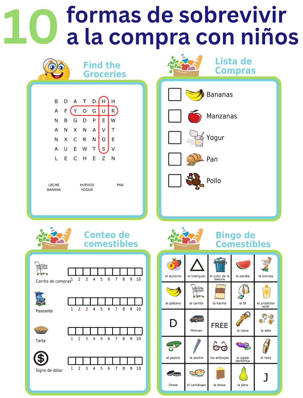 Ten free printables in Spanish to survive the grocery store, picture list, bingo, word search, more