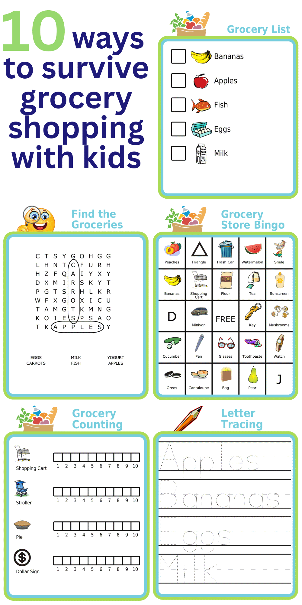 Ten free printable to survive the grocery store, picture list, bingo, word search, more