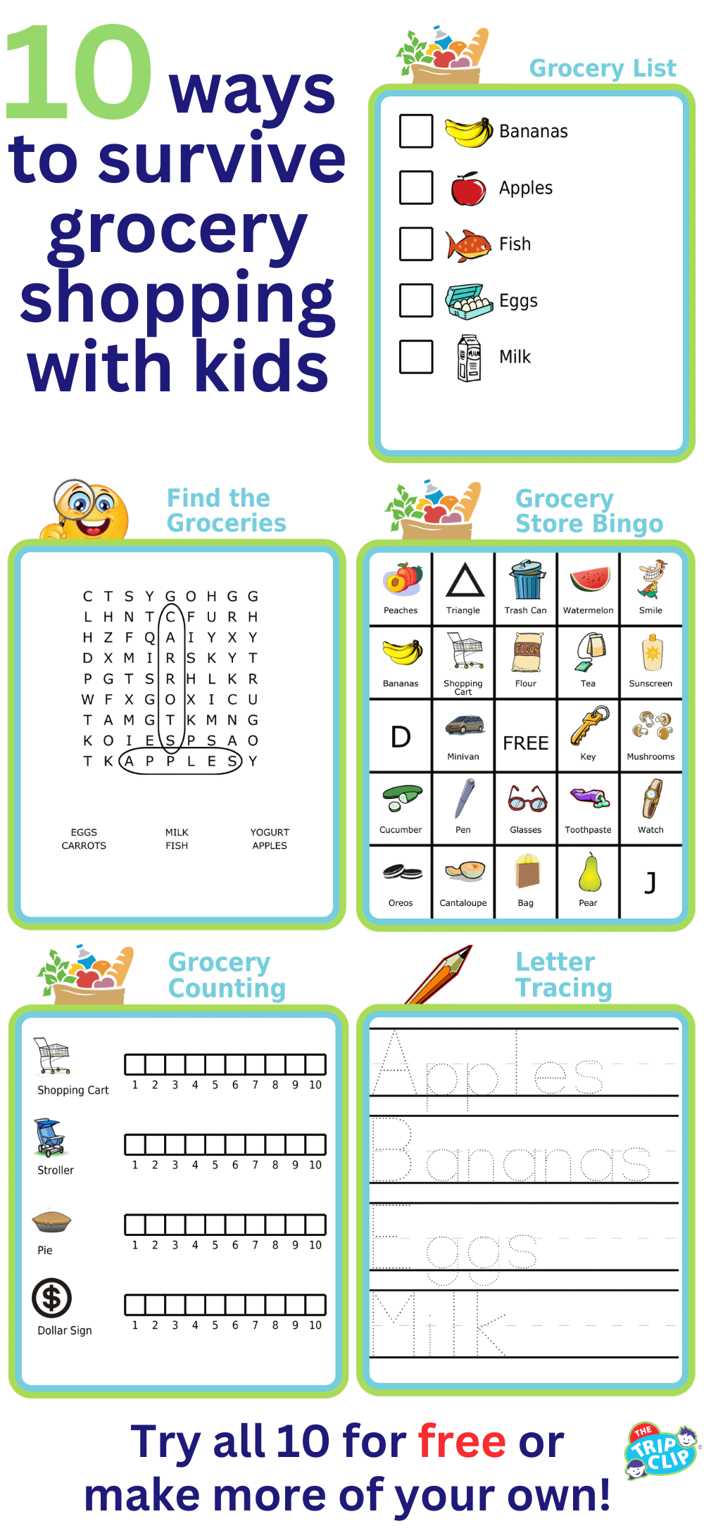 Ten free printable to survive the grocery store, picture list, bingo, word search, more