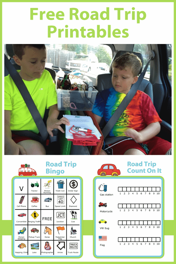 Two kids in car with small clipboard and pen playing printed travel games.