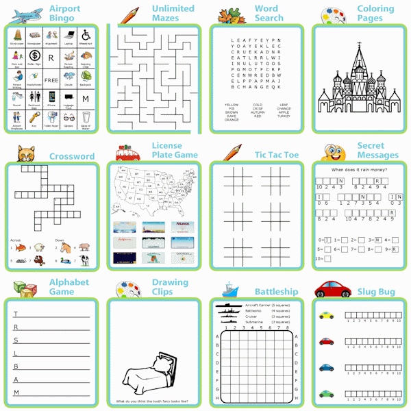 12 printable activities for kids: bingo, mazes, word search, coloring, crossword, license plate game, tic tac toe, cryptogram, alphabet game, drawing starters, battleship