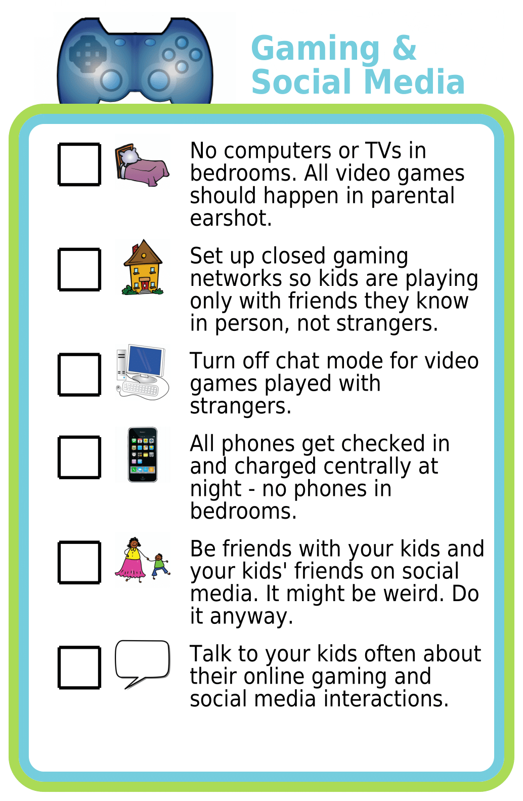 Picture checklist showing video game and social media rules