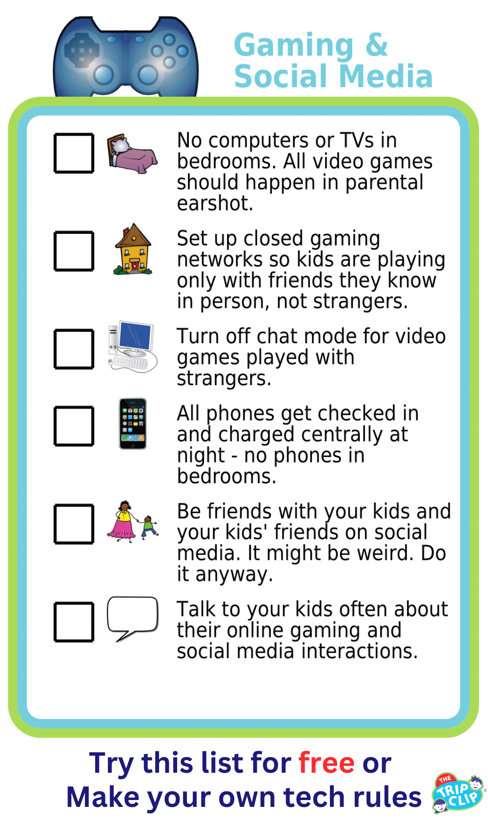 Picture checklist showing video game and social media rules