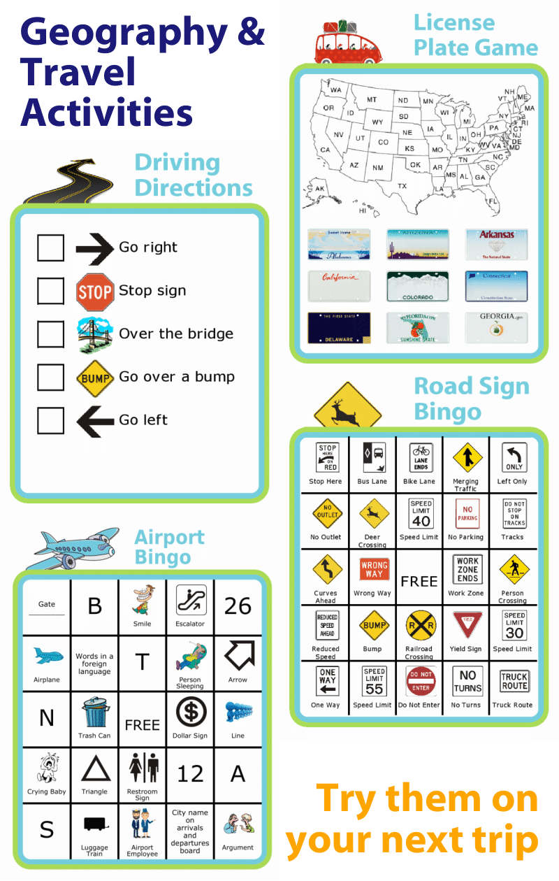Geography and travel: driving directions, license plate game, airport bingo, road sign bingo