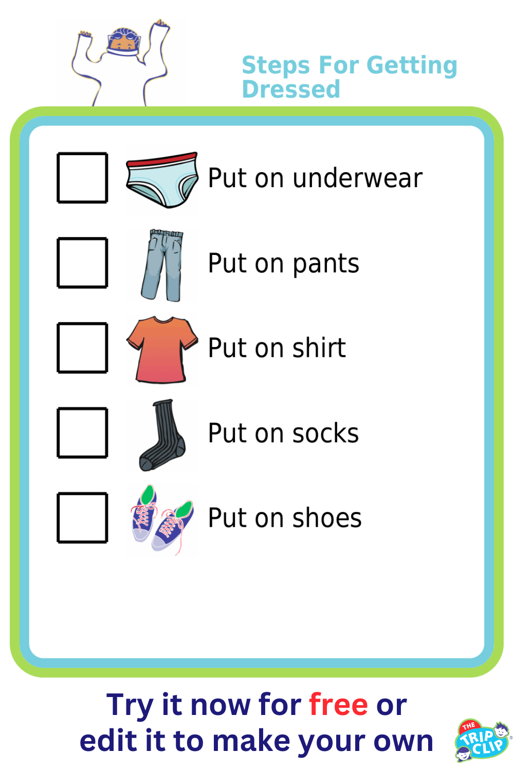 Picture checklist showing the steps for how to get dressed