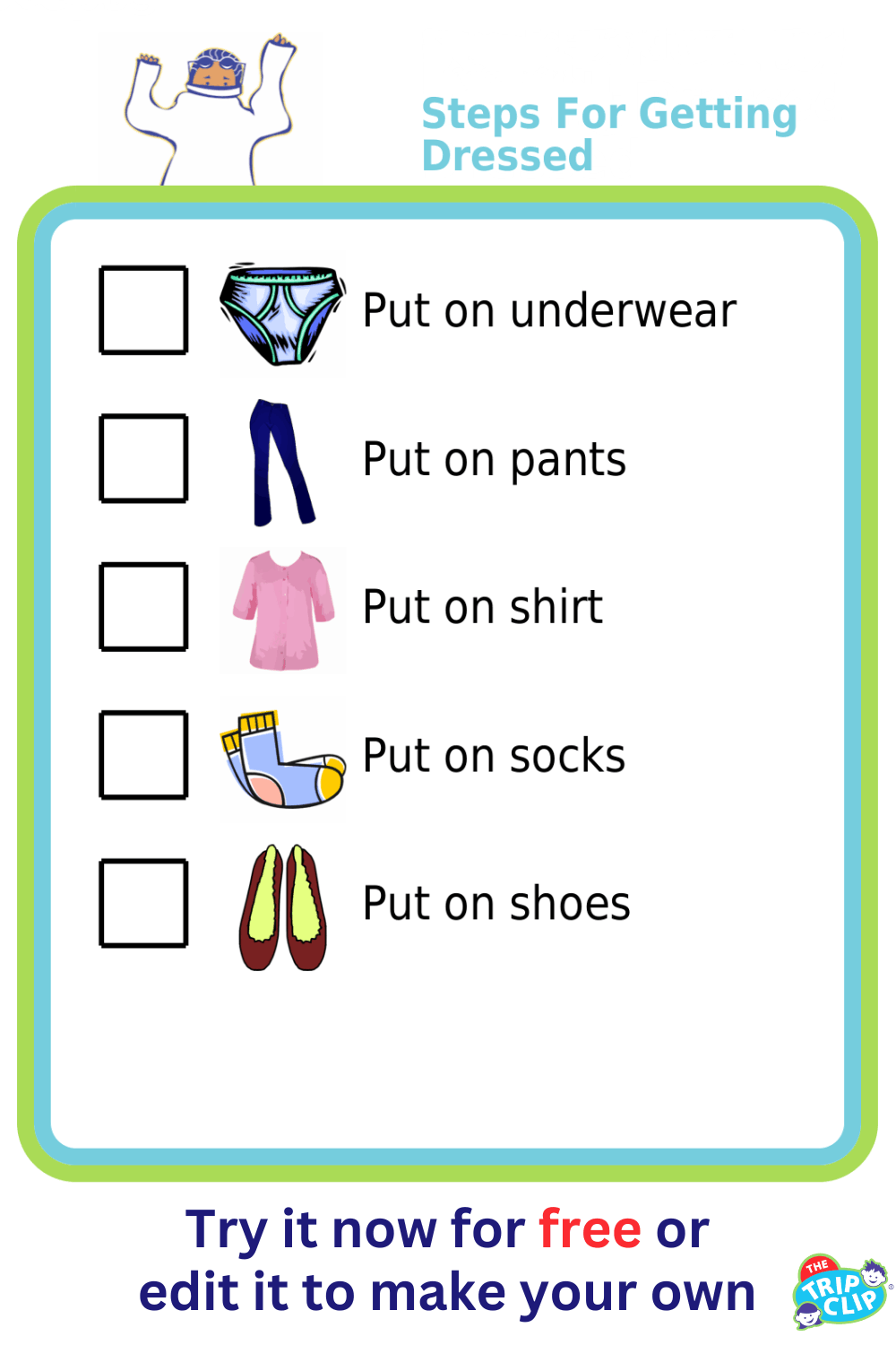 Picture checklist showing the steps for how to get dressed