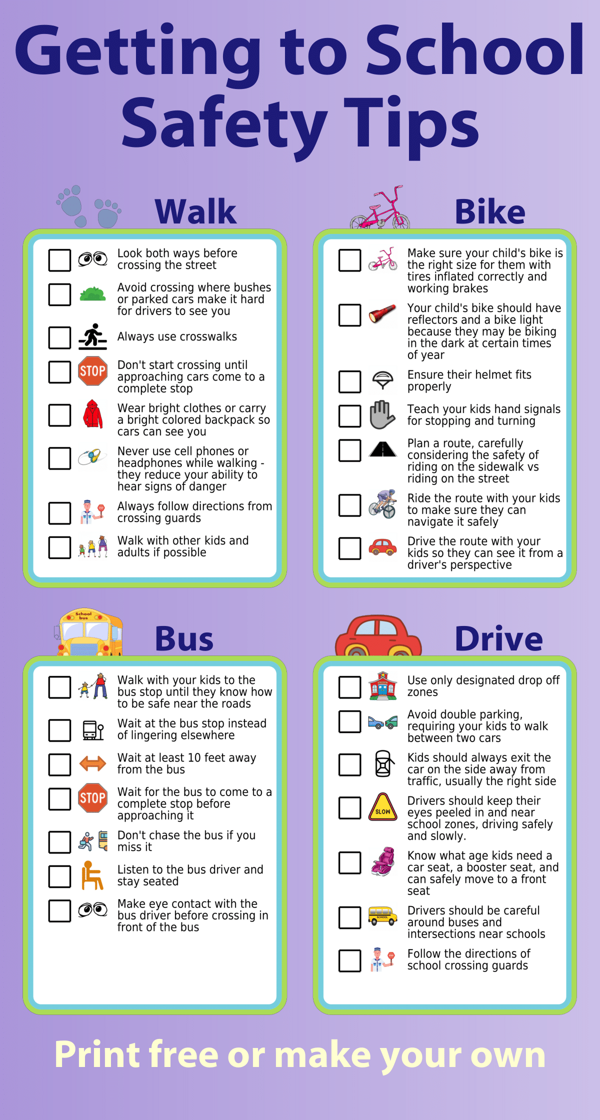 Safety tips for biking, walking, driving, and taking the bus to school