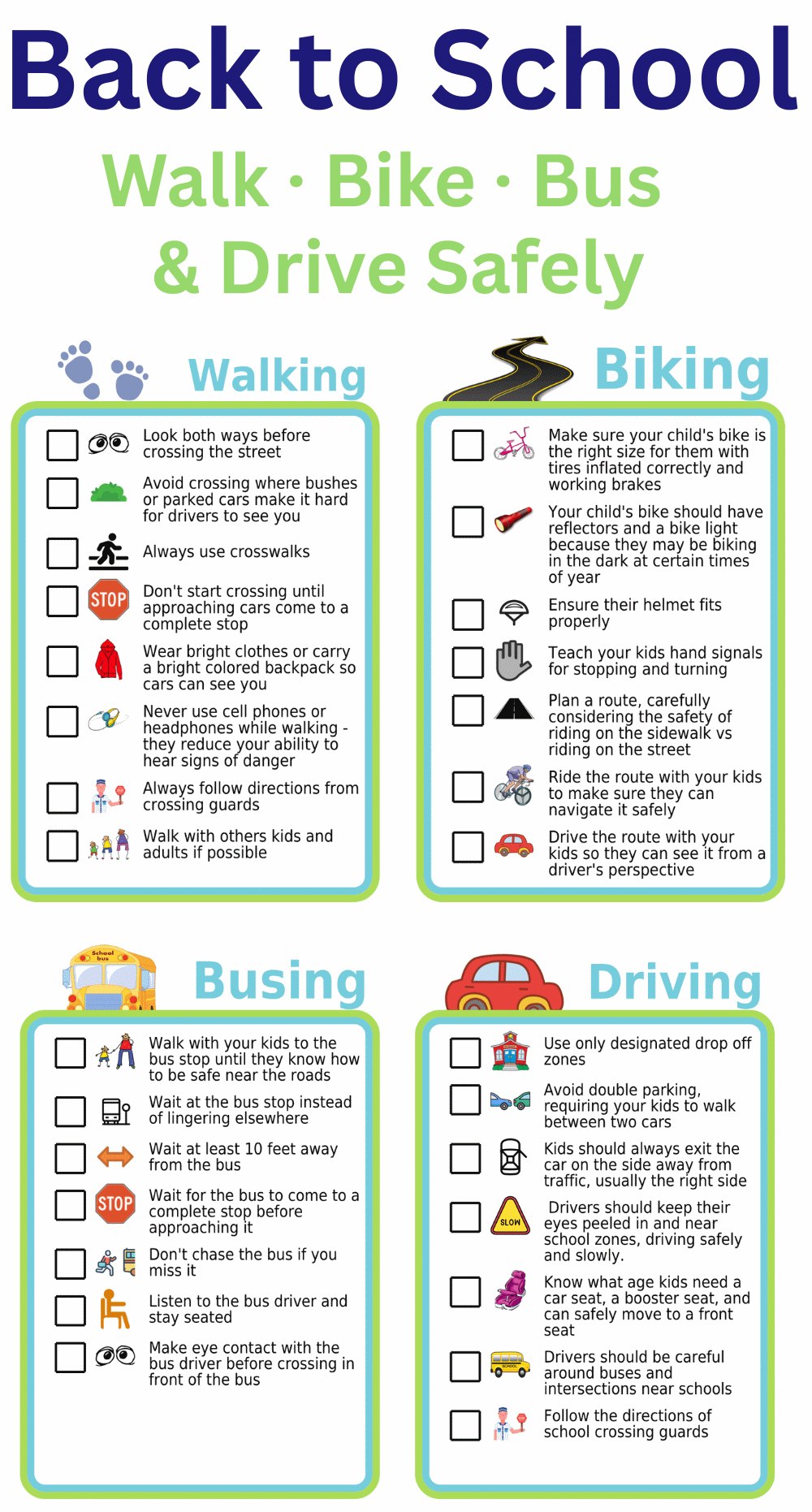 Safety tips for biking, walking, driving, and taking the bus to school