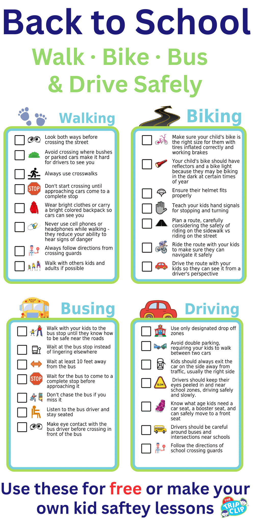 Safety tips for biking, walking, driving, and taking the bus to school