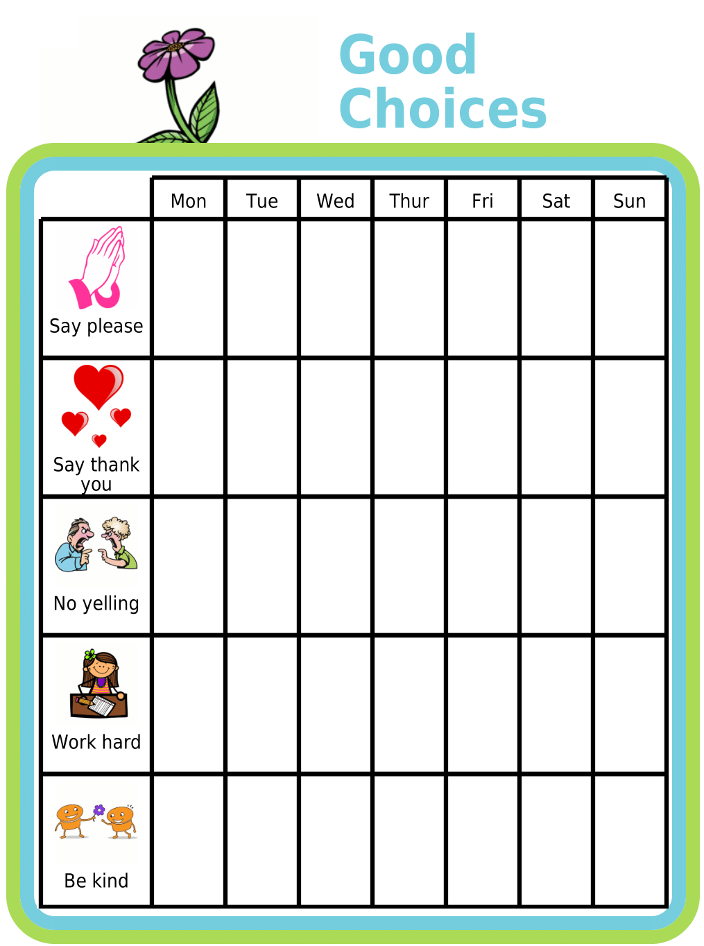 Picture checklist of weekly good choices chart