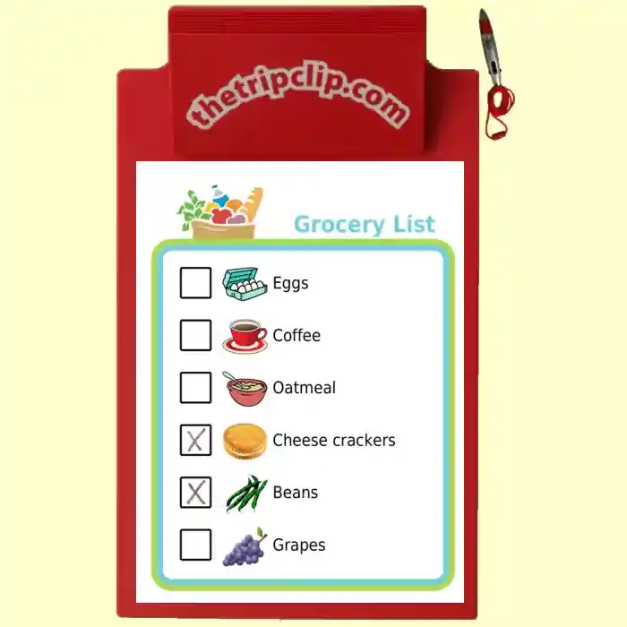 Printable picture grocery checklist on a kid-sized clipboard with attached pen