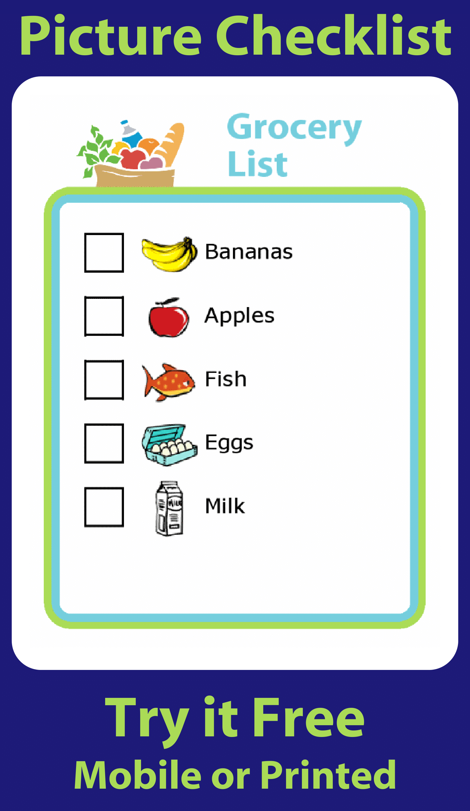 Picture grocery shopping list: bananas, apples, fish, eggs, milk