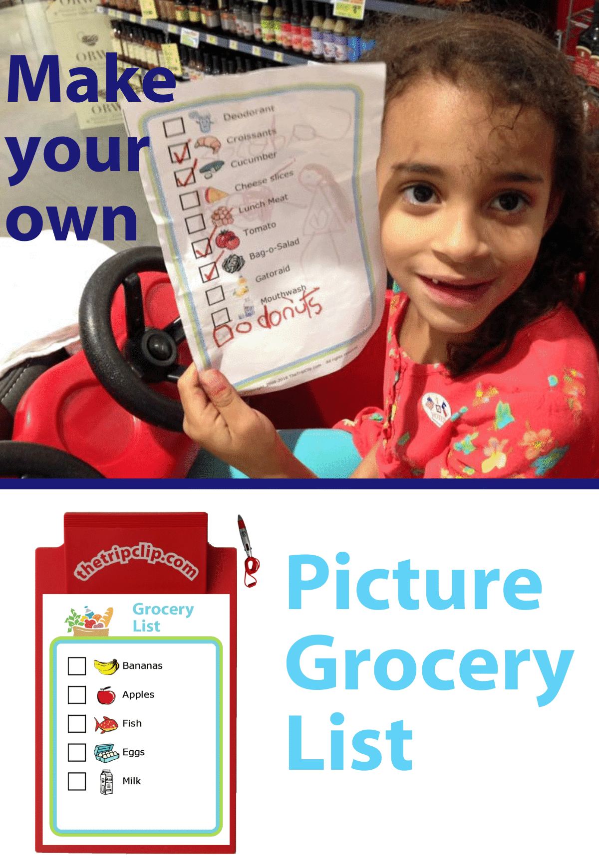 Girl in red grocery cart holding printed picture grocery list